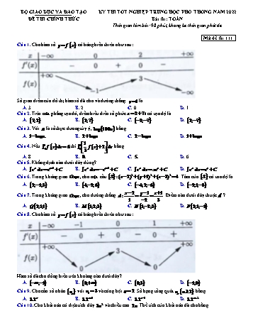 Kỳ thi Tốt nghiệp THPT môn Toán - Mã đề 111 - Năm học 2022-2023 (Có lời giải)