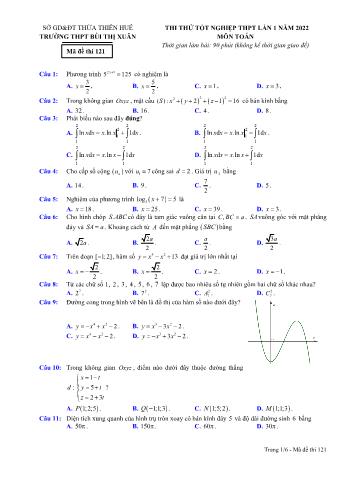 Thi thử Tốt nghiệp THPT môn Toán (Lần 1) - Mã đề 121 - Năm học 2022-2023 - Trường THPT Bùi Thị Xuân (Có lời giải chi tiết)
