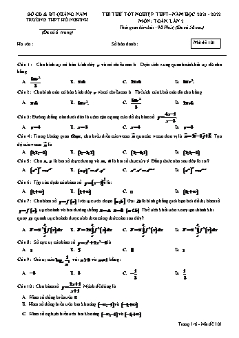 Thi thử Tốt nghiệp THPT môn Toán (Lần 2) - Mã đề 101 - Năm học 2021-2022 - Trường THPT Hồ Nghinh