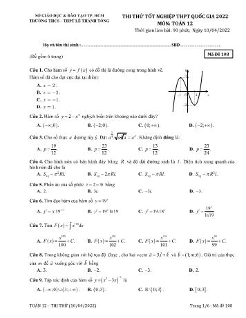Thi thử Tốt nghiệp THPT môn Toán - Mã đề 108 - Năm học 2022-2023 - Trường THPT Lê Thánh Tông (Có hướng dẫn giải chi tiết)