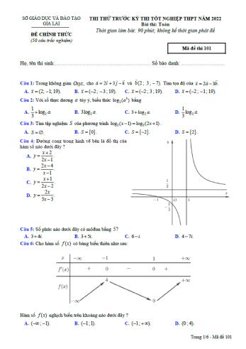 Thi thử trước kì thi Tốt nghiệp THPT môn Toán - Mã đề 101 - Năm học 2022-2023 - Sở GD&ĐT Gia Lai (Có đáp án)