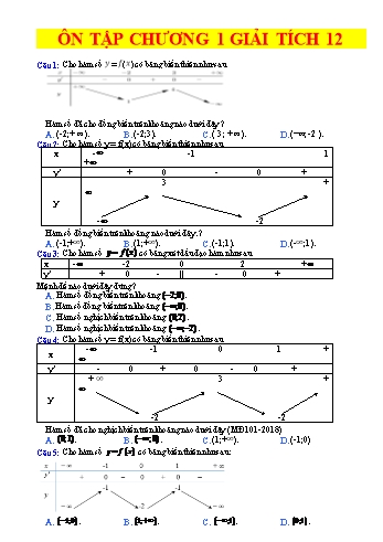 Trắc nghiệm Giải tích Lớp 12 - Ôn tập chương 1 (Có đáp án)