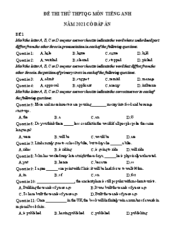 15 Đề thi thử THPT Quốc gia môn Tiếng Anh năm 2021 (Có đáp án)
