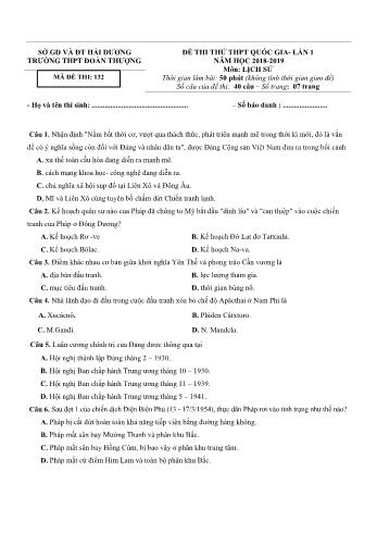 5 Đề thi thử THPT Quốc gia lần 1 môn Lịch sử - Năm học 2018-2019 - Trường THPT Đoàn Thượng (Có đáp án)