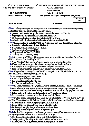 6 Đề khảo sát chất lượng các môn thi Tốt nghiệp THPT lần 2 môn Lịch sử - Năm học 2021-2022 - Trường THPT chuyên Lam Sơn (Có đáp án)