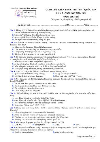 Đề giao lưu kiến thức thi THPT Quốc gia lần 2 môn Lịch sử - Mã đề 132 - Năm học 2020-2021 - Trường THPT Quảng Xương 1 (Có đáp án)
