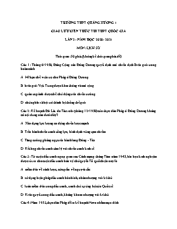 Đề giao lưu kiến thức thi THPT Quốc gia lần 2 môn Lịch sử - Năm học 2020-2021 - Trường THPT Quảng Xương 1 (Có đáp án)