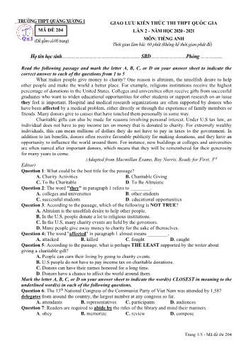 Đề giao lưu kiến thức thi THPT Quốc gia lần 2 môn Tiếng Anh - Mã đề 204 - Năm học 2020-2021 - Trường THPT Quảng Xương 1 (Có đáp án)