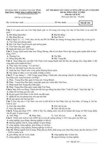 Đề khảo sát chất lượng lần 1 môn Lịch sử Lớp 12 - Mã đề 101 - Năm học 2019-2020 - Trường THPT Phan Đình Phùng (Có đáp án)