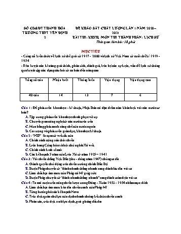 Đề khảo sát chất lượng lần 1 môn Lịch sử Lớp 12 - Năm học 2020-2021 - Trường THPT Yên Định 2 (Có đáp án)