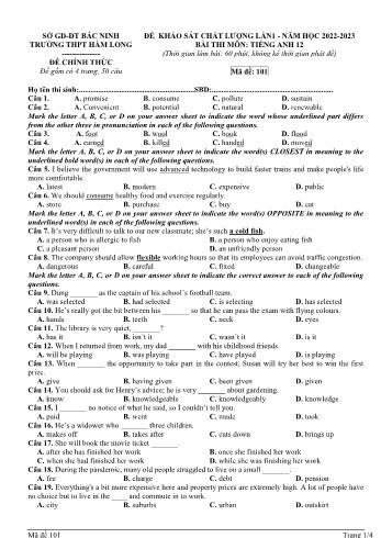Đề khảo sát chất lượng lần 1 môn Tiếng Anh Lớp 12 - Mã đề 101 - Năm học 2022-2023 - Trường THPT Hàm Long