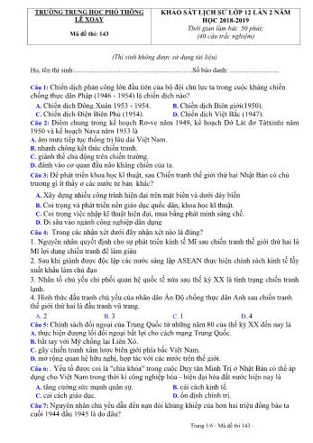 Đề khảo sát chất lượng lần 2 môn Lịch sử Lớp 12 - Mã đề 143 - Năm học 2018-2019 - Trường THPT Lê Xoay (Có đáp án)