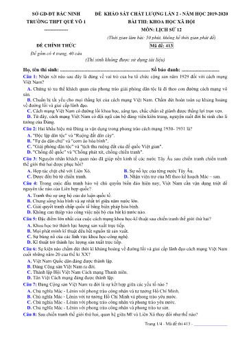 Đề khảo sát chất lượng lần 2 môn Lịch sử Lớp 12 - Mã đề 413 - Năm học 2019-2020 - Trường THPT Quế Võ 1 (Có đáp án)
