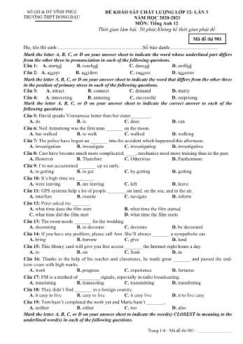 Đề khảo sát chất lượng lần 3 môn Tiếng Anh Lớp 12 - Mã đề 901 - Năm học 2020-2021 - Trường THPT Đồng Đậu (Có đáp án)