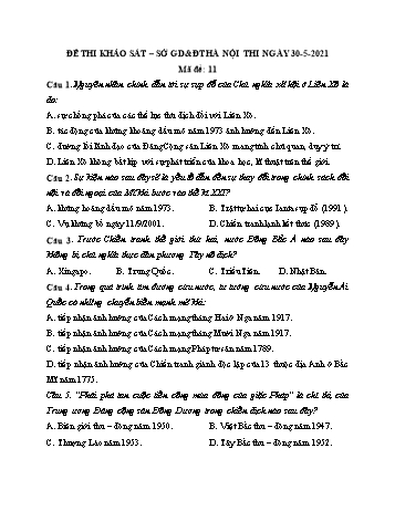 Đề khảo sát chất lượng ôn thi THPT Quốc gia môn Lịch sử - Mã đề 11 - Năm học 2020-2021 - Sở GD và ĐT Hà Nội