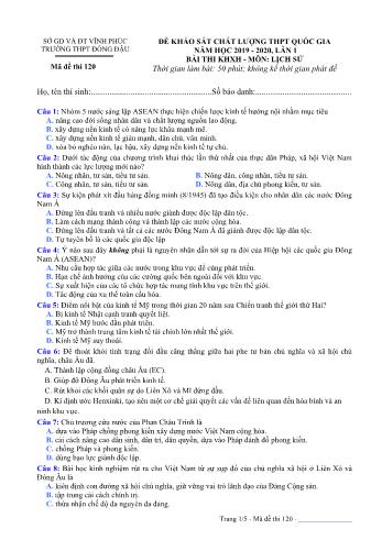 Đề khảo sát chất lượng thi THPT Quốc gia lần 1 môn Lịch sử - Mã đề 120 - Năm học 2019-2020 - Trường THPT Đồng Đậu (Có đáp án)