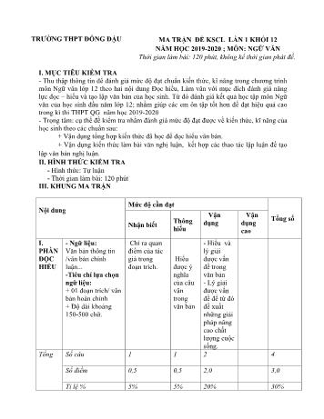 Đề khảo sát chất lượng thi THPT Quốc gia lần 1 môn Ngữ văn - Năm học 2019-2020 - Trường THPT Đồng Đậu (Có đáp án)