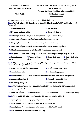 Đề khảo sát chất lượng thi THPT Quốc gia lần 2 môn Lịch sử năm 2020 - Mã đề 301 - Trường THPT Đồng Đậu