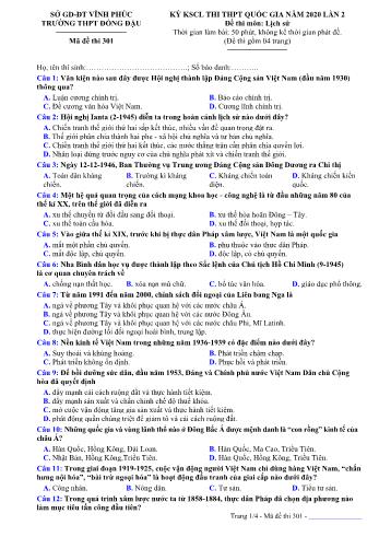 Đề khảo sát chất lượng thi THPT Quốc gia lần 2 môn Lịch sử năm 2020 - Mã đề 301 - Trường THPT Đồng Đậu (Có đáp án)
