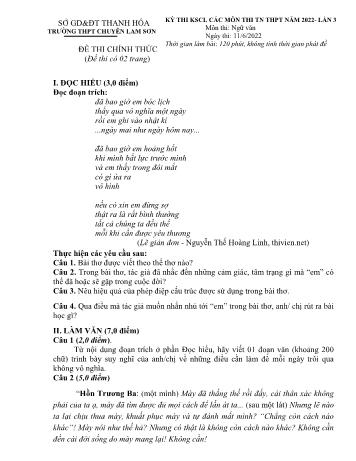 Đề khảo sát chất lượng thi Tốt nghiệp THPT lần 3 môn Ngữ văn năm 2022 - Trường THPT chuyên Lam Sơn (Có đáp án)