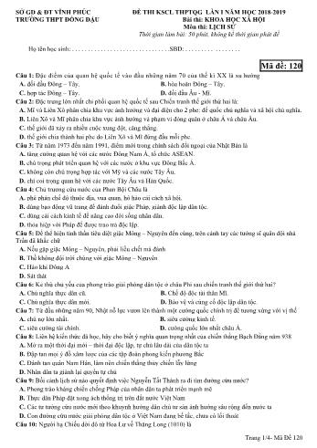 Đề khảo sát chất lượng THPT Quốc gia môn Lịch sử - Mã đề 120 - Năm học 2018-2019 - Trường THPT Đồng Đậu (Có đáp án)