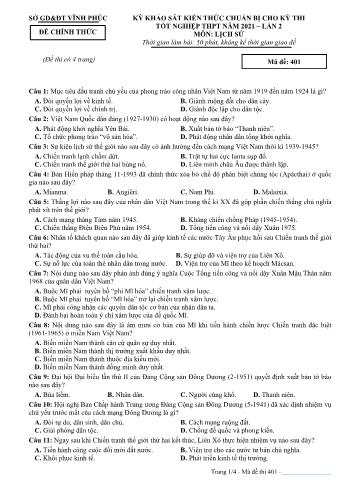 Đề khảo sát kiến thức chuẩn bị cho kỳ thi Tốt nghiệp THPT lần 2 môn Lịch sử năm 2021 - Mã đề 401 - Sở GD và ĐT Vĩnh Phúc (Có đáp án)