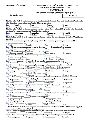 Đề khảo sát kiến thức chuẩn bị thi Tốt nghiệp THPT lần 1 môn Tiếng Anh năm 2022 - Mã đề 101 - Sở GD và ĐT Vĩnh Phúc