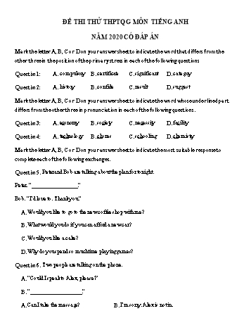 Đề ôn thi THPT Quốc gia môn Tiếng Anh năm 2020 - Đề số 10