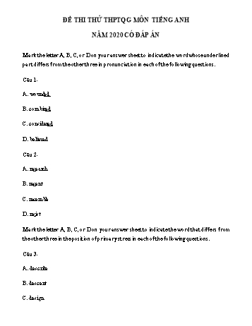 Đề ôn thi THPT Quốc gia môn Tiếng Anh năm 2020 - Đề số 19 (Có đáp án)
