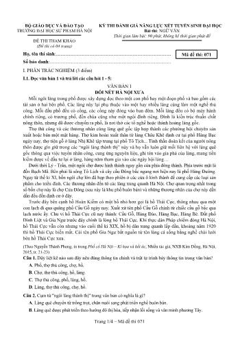 Đề thi đánh giá năng lực xét tuyển sinh Đại học môn Ngữ văn - Mã đề 071 - Trường Đại học Sư phạm Hà Nội