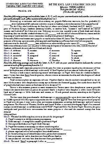 Đề thi khảo sát chất lượng lần 1 môn Tiếng Anh Lớp 12 - Mã đề 070 - Năm học 2020-2021 - Trường THPT Nguyễn Viết Xuân