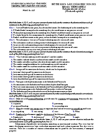Đề thi khảo sát chất lượng lần 3 môn Tiếng Anh Lớp 12 - Mã đề 037 - Năm học 2020-2021 - Trường THPT Nguyễn Viết Xuân
