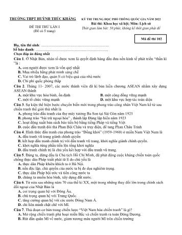 Đề thi thử THPT Quốc gia lần 1 môn Lịch sử năm 2022 - Mã đề 102 - Trường THPT Huỳnh Thúc Kháng (Có đáp án)