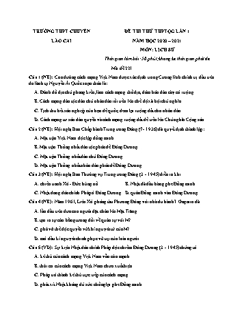 Đề thi thử THPT Quốc gia lần 1 môn Lịch sử - Năm học 2020-2021 - Trường THPT chuyên Lào Cai (Có đáp án)