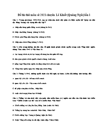 Đề thi thử THPT Quốc gia lần 1 môn Lịch sử - Năm học 2020-2021 - Trường THPT chuyên Lê Khiết (Có đáp án)
