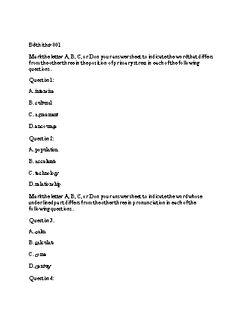 Đề thi thử THPT Quốc gia lần 1 môn Tiếng Anh năm 2020 - Mã đề 001 (Có đáp án)