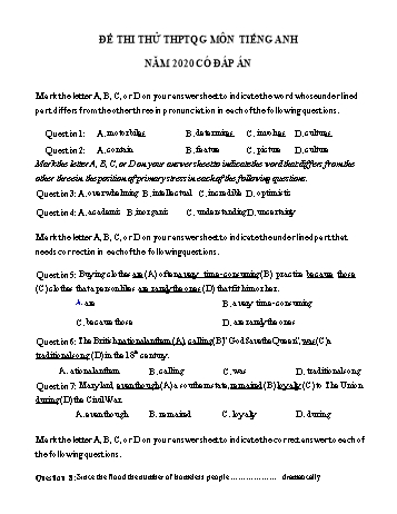 Đề thi thử THPT Quốc gia lần 1 môn Tiếng Anh năm 2020 - Trường THPT Lý Thường Kiệt (Có đáp án)