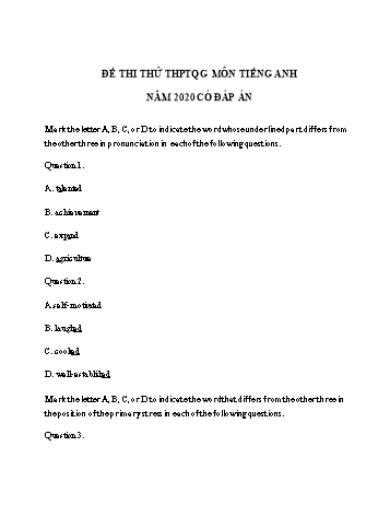 Đề thi thử THPT Quốc gia lần 1 môn Tiếng Anh năm 2020 - Trường THPT Thị xã Quảng Trị (Có đáp án)