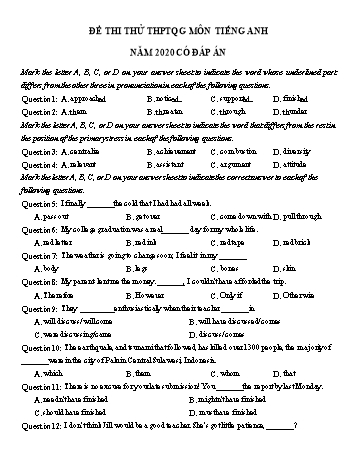 Đề thi thử THPT Quốc gia lần 1 môn Tiếng Anh năm 2020 - Trường THPT Bình Sơn (Có đáp án)
