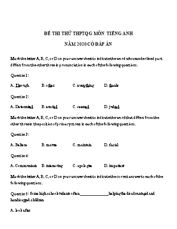 Đề thi thử THPT Quốc gia lần 1 môn Tiếng Anh năm 2020 - Trường THPT Quang Hà (Có đáp án)