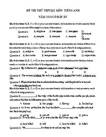 Đề thi thử THPT Quốc gia lần 1 môn Tiếng Anh năm 2020 - Trường THPT Phan Chu Trinh (Có đáp án)