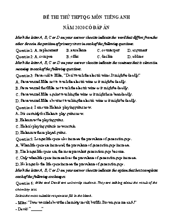 Đề thi thử THPT Quốc gia lần 1 môn Tiếng Anh năm 2020 - Trường THPT chuyên Nguyễn Quang Diệu (Có đáp án)