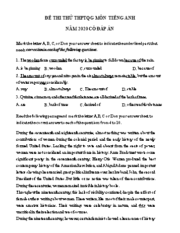 Đề thi thử THPT Quốc gia lần 1 môn Tiếng Anh năm 2020 - Trường THPT Quảng Xương 1 (Có đáp án)