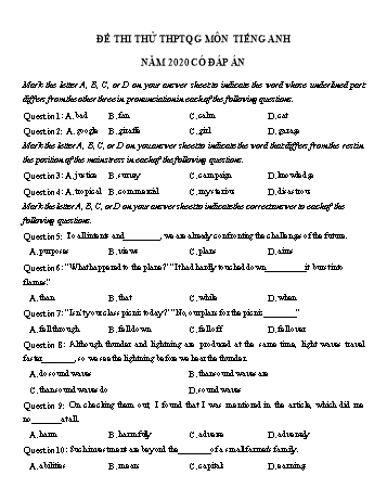 Đề thi thử THPT Quốc gia lần 1 môn Tiếng Anh năm 2020 - Trường THPT Trần Phú (Có đáp án)