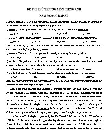 Đề thi thử THPT Quốc gia lần 1 môn Tiếng Anh năm 2020 - Trường THPT chuyên Trần Phú (Có đáp án)