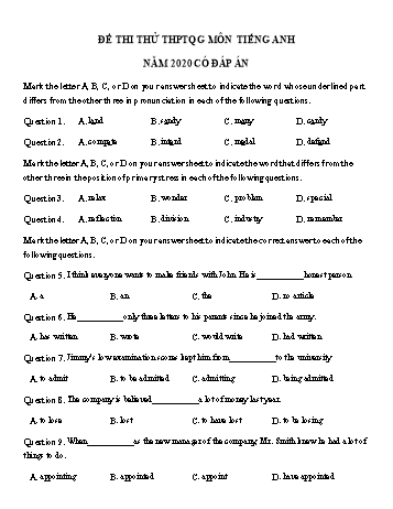 Đề thi thử THPT Quốc gia lần 1 môn Tiếng Anh năm 2020 - Trường THPT Nguyễn Huệ (Có đáp án)