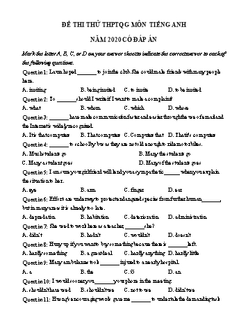 Đề thi thử THPT Quốc gia lần 1 môn Tiếng Anh năm 2020 - Trường THPT Thăng Long (Có đáp án)