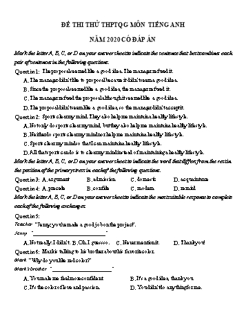 Đề thi thử THPT Quốc gia lần 1 môn Tiếng Anh năm 2020 - Trường THPT Đội Cấn (Có đáp án)