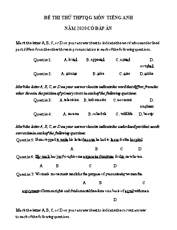 Đề thi thử THPT Quốc gia lần 1 môn Tiếng Anh năm 2020 - Trường THPT Hoàng Quốc Việt (Có đáp án)