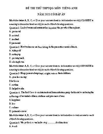 Đề thi thử THPT Quốc gia lần 1 môn Tiếng Anh năm 2021 - Sở GD và ĐT Long An (Có đáp án)